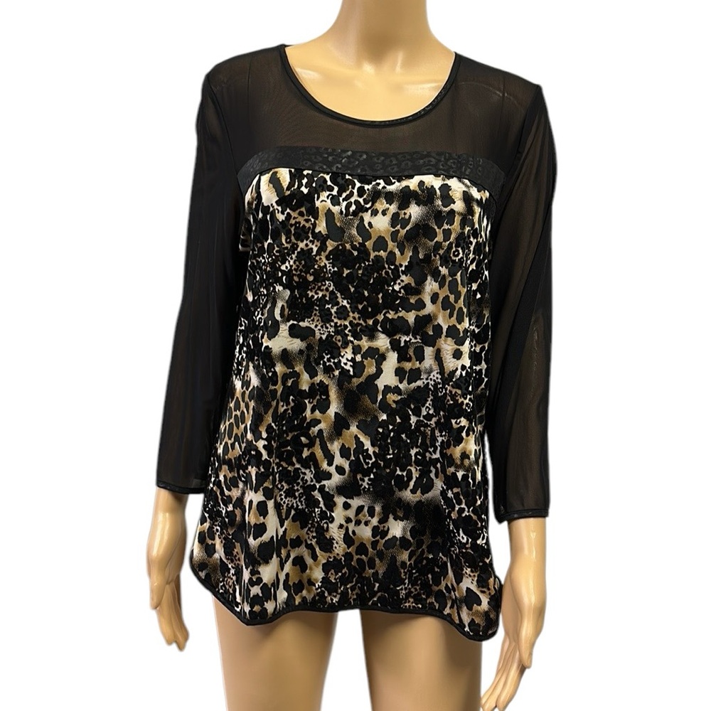 P Luca Milano Velvet Animal Print with Black Mesh 3 Quarter Sleeves Top Womens L